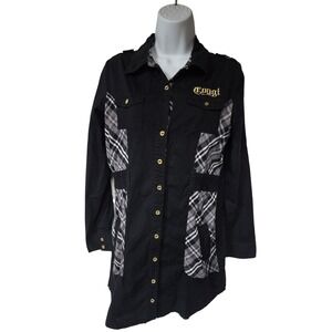 COOGI Black Plaid Panel Long‎ Sleeve Button Up Shirt Dress Tunic Women's L